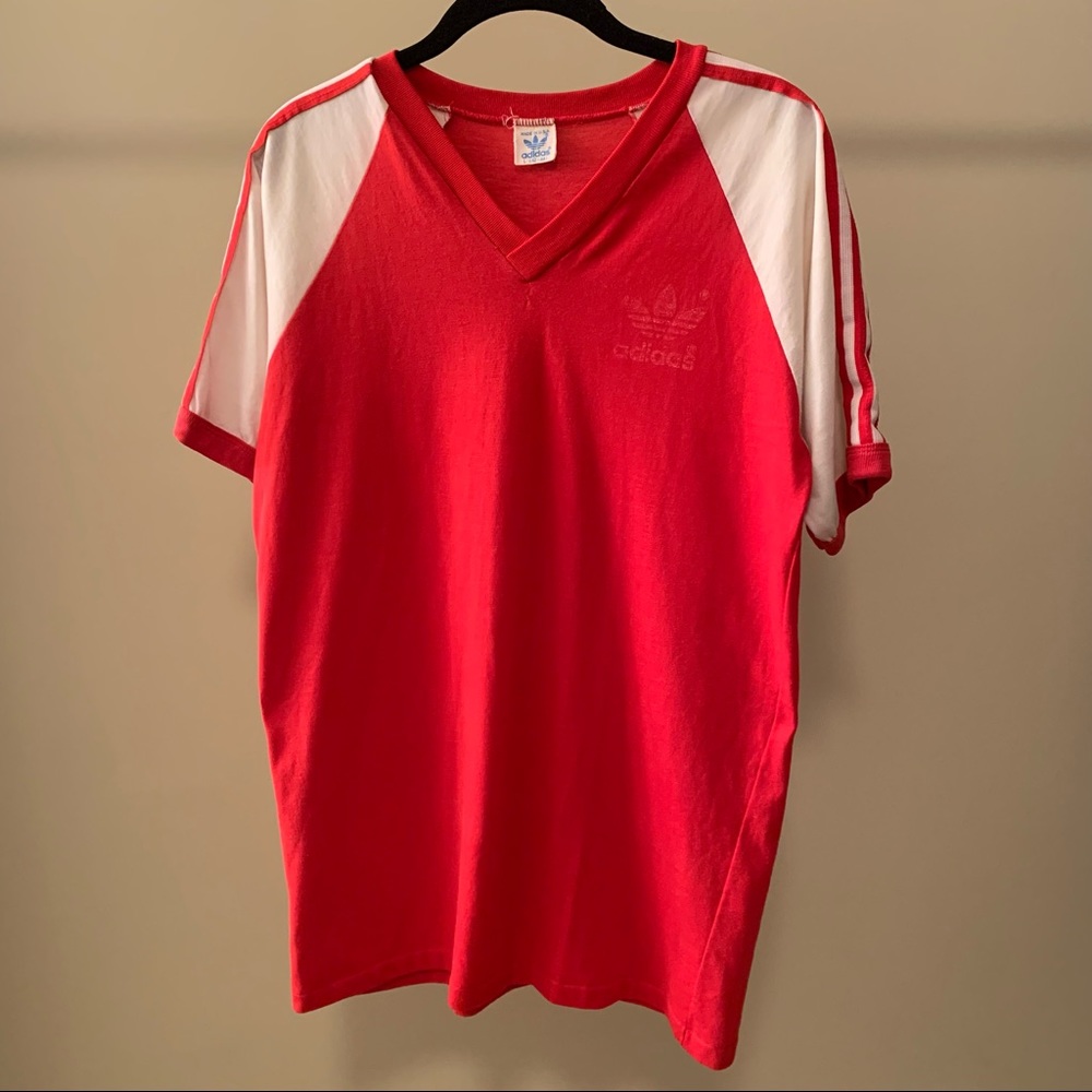 Vintage 80s Adidas V-Neck Trefoil Red Jersey T-Shirt